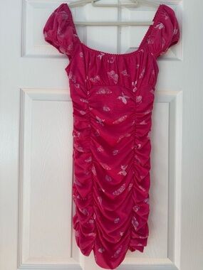 Urban outfitters Pink Ruched Puff-Sleeve Dress